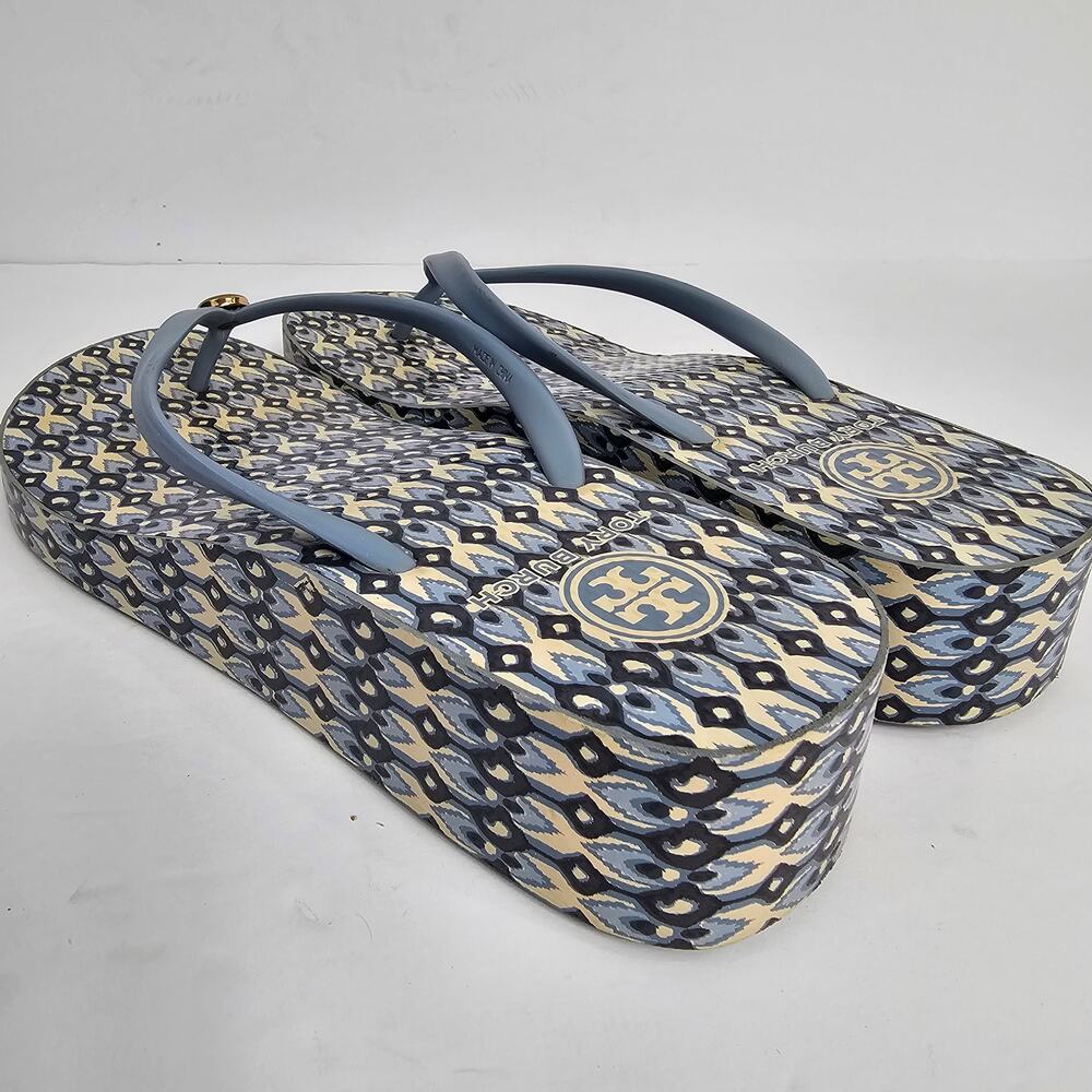 Tory Burch Blue Wedge Geometric Print Thong Flip Flop Sandals Size Unmarked 25cm - Picture 7 of 12